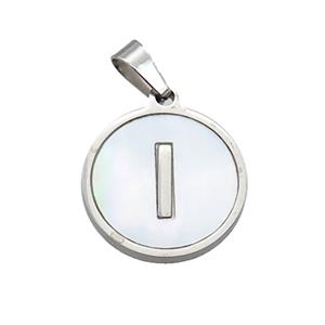 Raw Stainless Steel Pendant Pave White Shell Letter-I, approx 15mm dia [SSB2041]