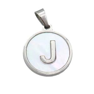 Raw Stainless Steel Pendant Pave White Shell Letter-J, approx 15mm dia [SSB2042]