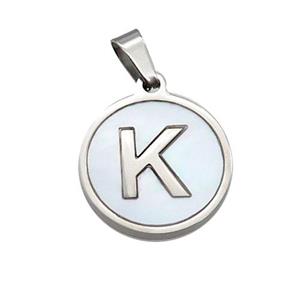 Raw Stainless Steel Pendant Pave White Shell Letter-K, approx 15mm dia [SSB2043]