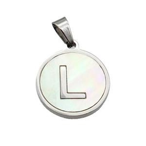 Raw Stainless Steel Pendant Pave White Shell Letter-L, approx 15mm dia [SSB2044]