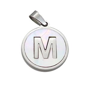 Raw Stainless Steel Pendant Pave White Shell Letter-M, approx 15mm dia [SSB2045]