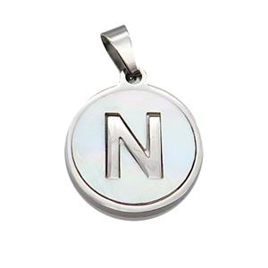 Raw Stainless Steel Pendant Pave White Shell Letter-N, approx 15mm dia [SSB2046]