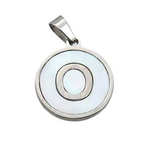 Raw Stainless Steel Pendant Pave White Shell Letter-O, approx 15mm dia [SSB2047]