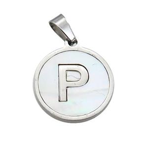 Raw Stainless Steel Pendant Pave White Shell Letter-P, approx 15mm dia [SSB2048]