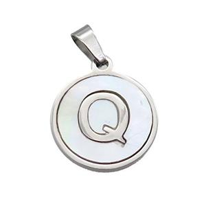 Raw Stainless Steel Pendant Pave White Shell Letter-Q, approx 15mm dia [SSB2049]