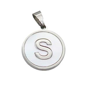 Raw Stainless Steel Pendant Pave White Shell Letter-S, approx 15mm dia [SSB2051]
