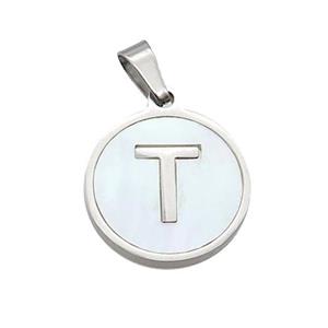 Raw Stainless Steel Pendant Pave White Shell Letter-T, approx 15mm dia [SSB2052]