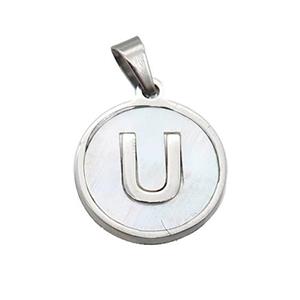 Raw Stainless Steel Pendant Pave White Shell Letter-U, approx 15mm dia [SSB2053]
