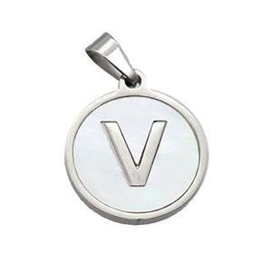 Raw Stainless Steel Pendant Pave White Shell Letter-V, approx 15mm dia [SSB2054]