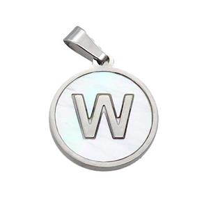 Raw Stainless Steel Pendant Pave White Shell Letter-W, approx 15mm dia [SSB2055]