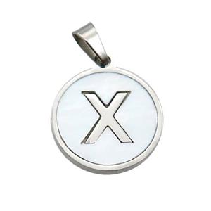 Raw Stainless Steel Pendant Pave White Shell Letter-X, approx 15mm dia [SSB2056]