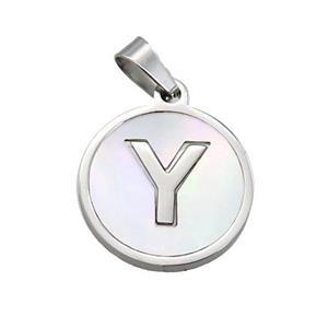 Raw Stainless Steel Pendant Pave White Shell Letter-Y, approx 15mm dia [SSB2057]