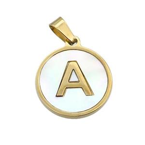 Stainless Steel Pendant Pave White Shell Letter-A Gold Plated, approx 15mm dia [SSB2060]