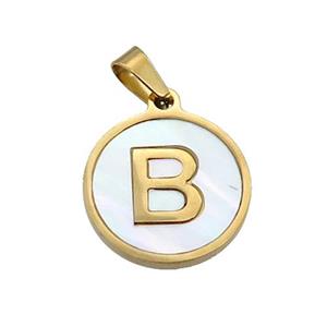 Stainless Steel Pendant Pave White Shell Letter-B Gold Plated, approx 15mm dia [SSB2061]