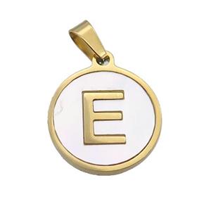 Stainless Steel Pendant Pave White Shell Letter-E Gold Plated, approx 15mm dia [SSB2064]