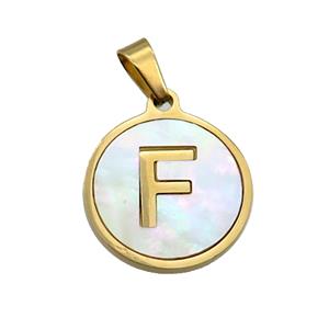 Stainless Steel Pendant Pave White Shell Letter-F Gold Plated, approx 15mm dia [SSB2065]