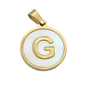 Stainless Steel Pendant Pave White Shell Letter-G Gold Plated, approx 15mm dia [SSB2066]