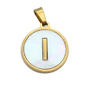 Stainless Steel Pendant Pave White Shell Letter-I Gold Plated, approx 15mm dia [SSB2068]