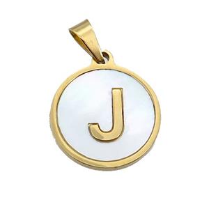 Stainless Steel Pendant Pave White Shell Letter-J Gold Plated, approx 15mm dia [SSB2069]