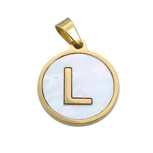 Stainless Steel Pendant Pave White Shell Letter-L Gold Plated, approx 15mm dia [SSB2071]