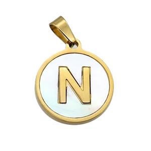 Stainless Steel Pendant Pave White Shell Letter-N Gold Plated, approx 15mm dia [SSB2073]