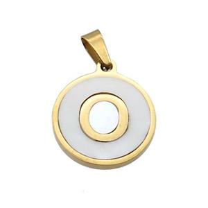 Stainless Steel Pendant Pave White Shell Letter-O Gold Plated, approx 15mm dia [SSB2074]