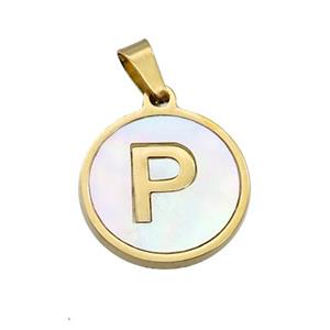 Stainless Steel Pendant Pave White Shell Letter-P Gold Plated, approx 15mm dia [SSB2075]
