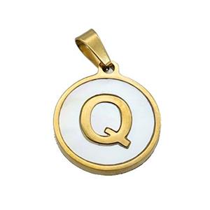 Stainless Steel Pendant Pave White Shell Letter-Q Gold Plated, approx 15mm dia [SSB2076]