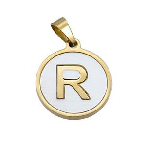 Stainless Steel Pendant Pave White Shell Letter-R Gold Plated, approx 15mm dia [SSB2077]