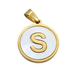 Stainless Steel Pendant Pave White Shell Letter-S Gold Plated, approx 15mm dia [SSB2078]