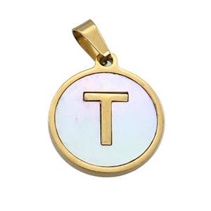 Stainless Steel Pendant Pave White Shell Letter-T Gold Plated, approx 15mm dia [SSB2079]