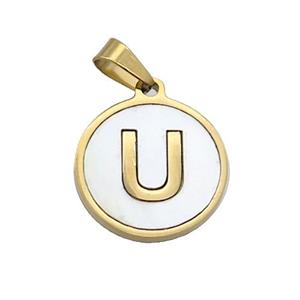 Stainless Steel Pendant Pave White Shell Letter-U Gold Plated, approx 15mm dia [SSB2080]