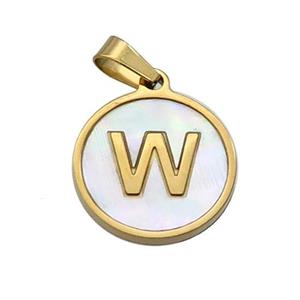 Stainless Steel Pendant Pave White Shell Letter-W Gold Plated, approx 15mm dia [SSB2082]