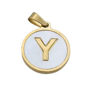 Stainless Steel Pendant Pave White Shell Letter-Y Gold Plated, approx 15mm dia [SSB2084]