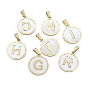 Stainless Steel Letter Pendant Pave White Shell Mix Alphabet Gold Plated, approx 15mm dia [SSB2086]