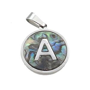 Raw Stainless Steel Pendant Pave Abalone Shell Letter-A, approx 15mm dia [SSB2087]