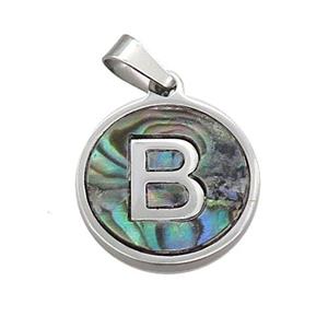 Raw Stainless Steel Pendant Pave Abalone Shell Letter-B, approx 15mm dia [SSB2088]