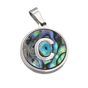 Raw Stainless Steel Pendant Pave Abalone Shell Letter-C, approx 15mm dia [SSB2089]