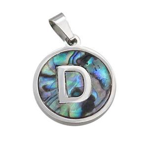 Raw Stainless Steel Pendant Pave Abalone Shell Letter-D, approx 15mm dia [SSB2090]