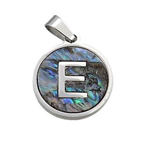 Raw Stainless Steel Pendant Pave Abalone Shell Letter-E, approx 15mm dia [SSB2091]