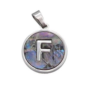 Raw Stainless Steel Pendant Pave Abalone Shell Letter-F, approx 15mm dia [SSB2092]