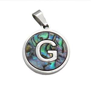 Raw Stainless Steel Pendant Pave Abalone Shell Letter-G, approx 15mm dia [SSB2093]