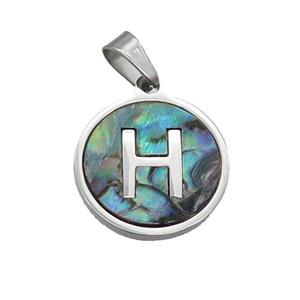 Raw Stainless Steel Pendant Pave Abalone Shell Letter-H, approx 15mm dia [SSB2094]
