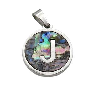 Raw Stainless Steel Pendant Pave Abalone Shell Letter-J, approx 15mm dia [SSB2096]