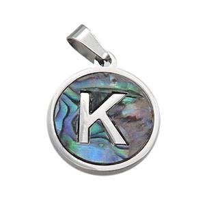 Raw Stainless Steel Pendant Pave Abalone Shell Letter-K, approx 15mm dia [SSB2097]