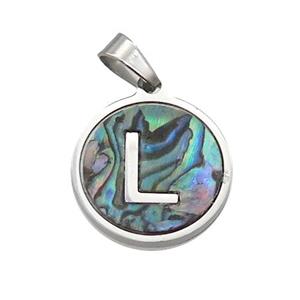 Raw Stainless Steel Pendant Pave Abalone Shell Letter-L, approx 15mm dia [SSB2098]