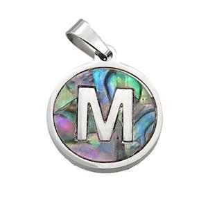 Raw Stainless Steel Pendant Pave Abalone Shell Letter-M, approx 15mm dia [SSB2099]