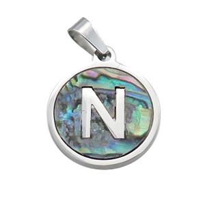 Raw Stainless Steel Pendant Pave Abalone Shell Letter-N, approx 15mm dia [SSB2100]