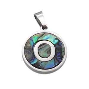 Raw Stainless Steel Pendant Pave Abalone Shell Letter-O, approx 15mm dia [SSB2101]