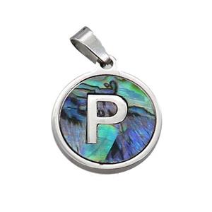 Raw Stainless Steel Pendant Pave Abalone Shell Letter-P, approx 15mm dia [SSB2102]
